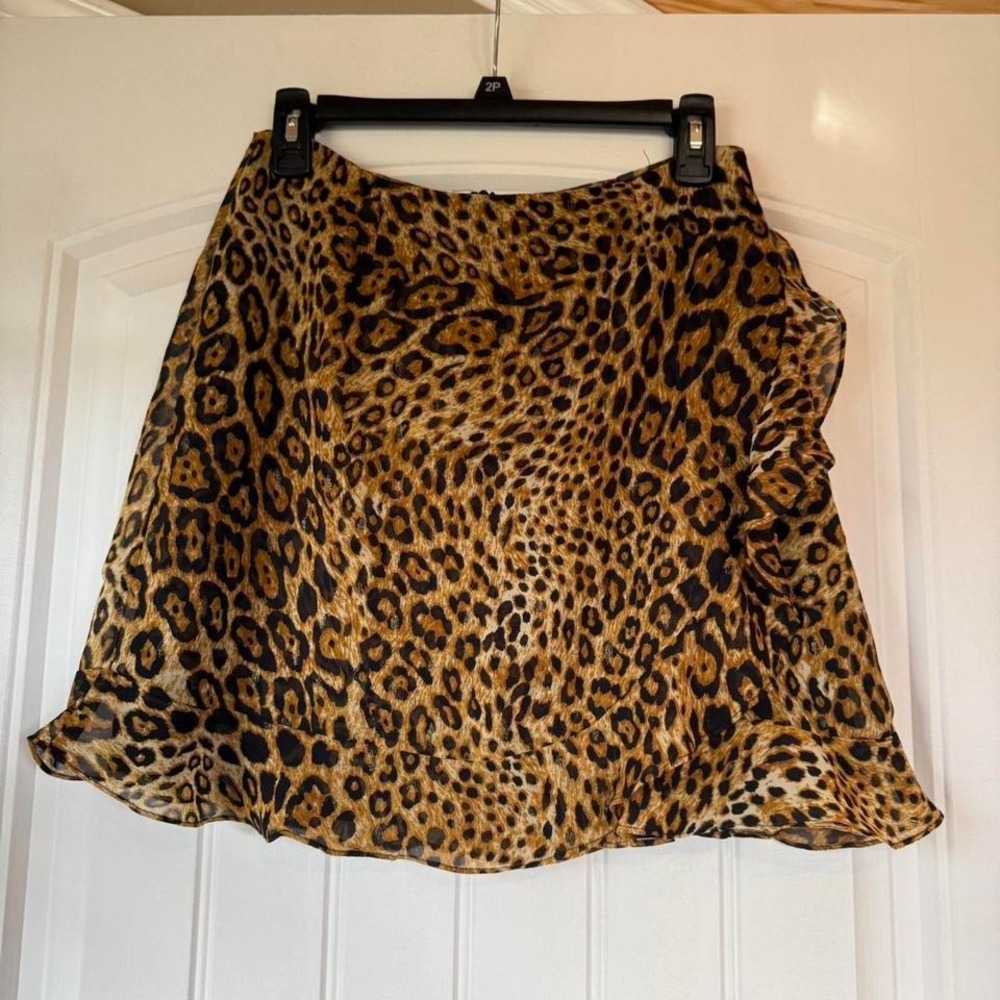 FORE‎ Leopard Print Ruffle Mini Skirt Brown Tan Animal Print Chiffon Metallic